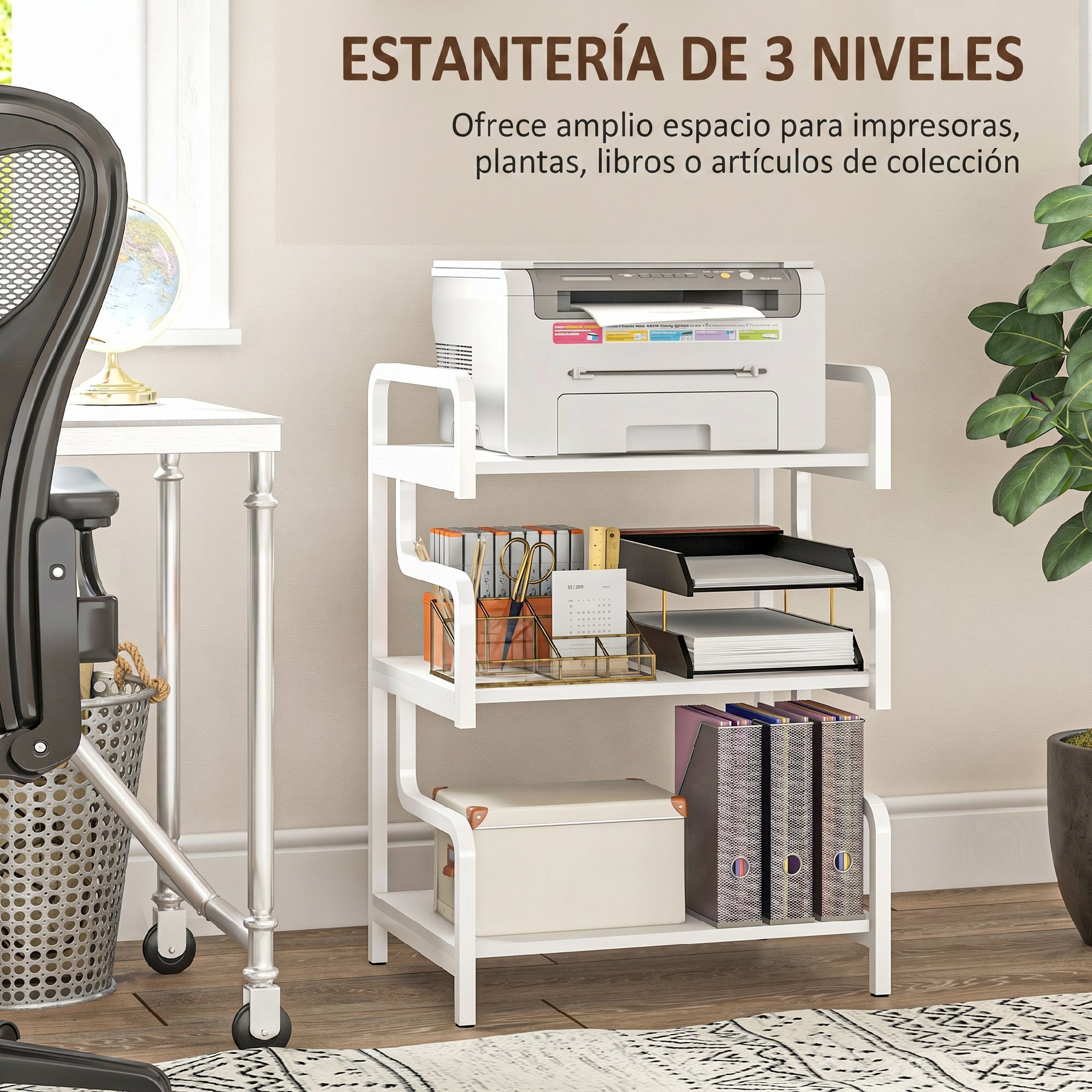 HOMCOM Soporte para Impresora de 3 Niveles, Mueble para Impresora con Marco de Acero, Estantería de Almacenamiento Multiusos para Escáner y Fax en Oficina, Casa, 55x40x77 cm, Blanco