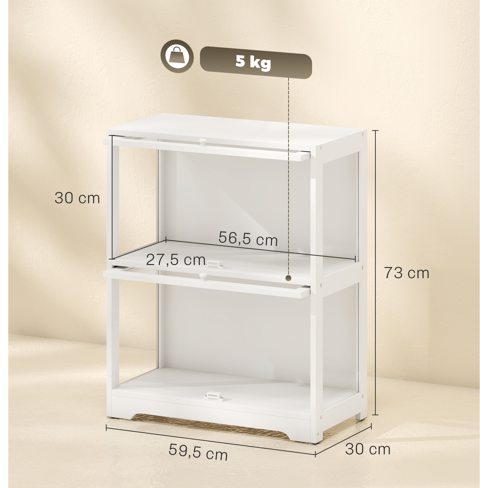 Vitrina Expositora para Colecciones de 2 Niveles, Vitrina con Puertas Abatibles de Acrílico, Anti-vuelco, Armario Auxiliar para Perfumes, Figuras de Decoración, 59,5x30x73 cm, Blanco