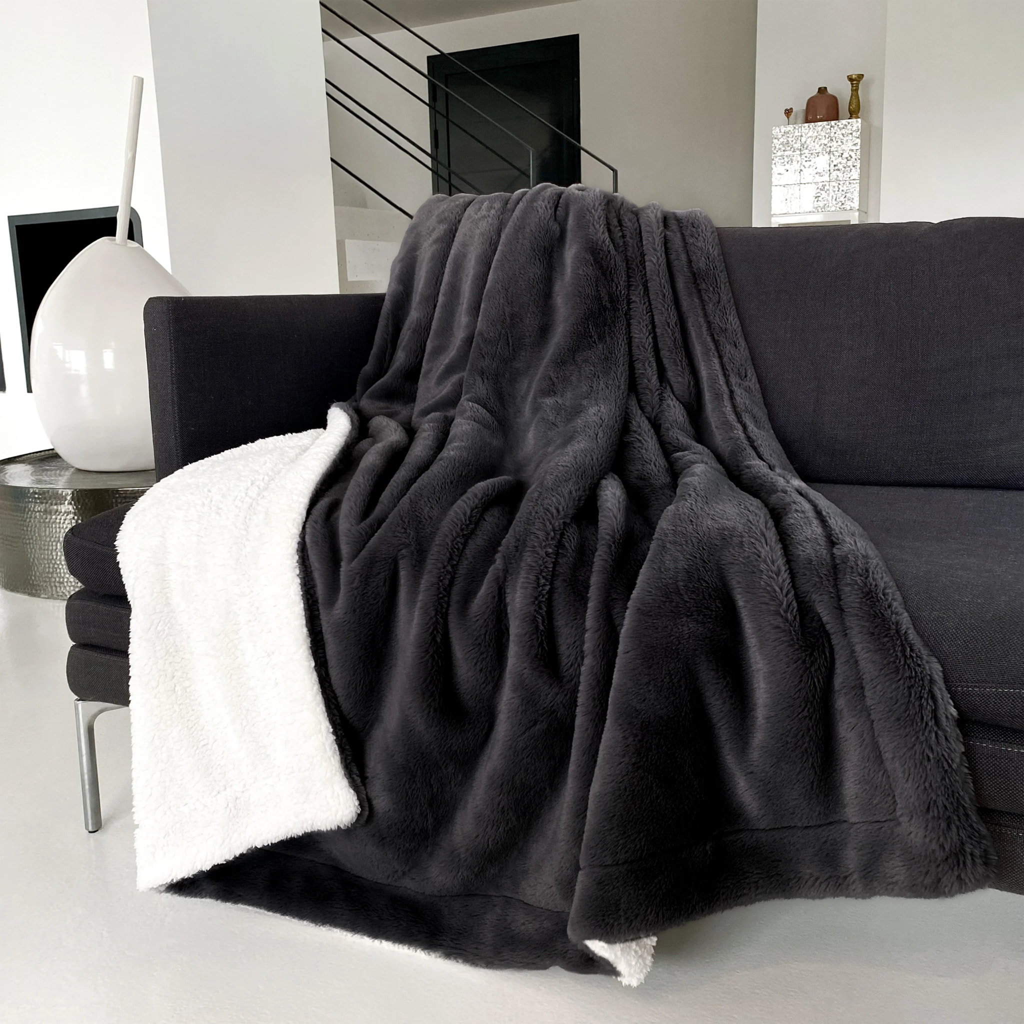 Plaid imitation "Lapin" - Cocoon Gris Anthracite - 610g/m²