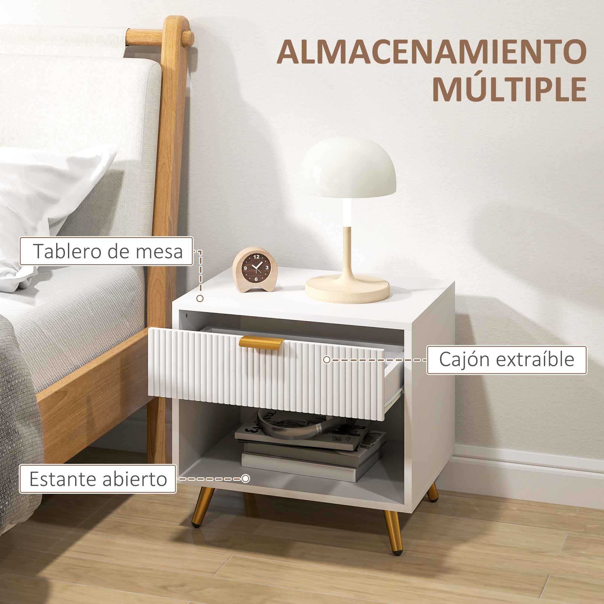 Mesita de Noche Moderna Mesilla de Noche con Cajón Mango Dorado y Compartimento Abierto Mesa Auxiliar para Dormitorio Salón 50x40x47 cm Blanco