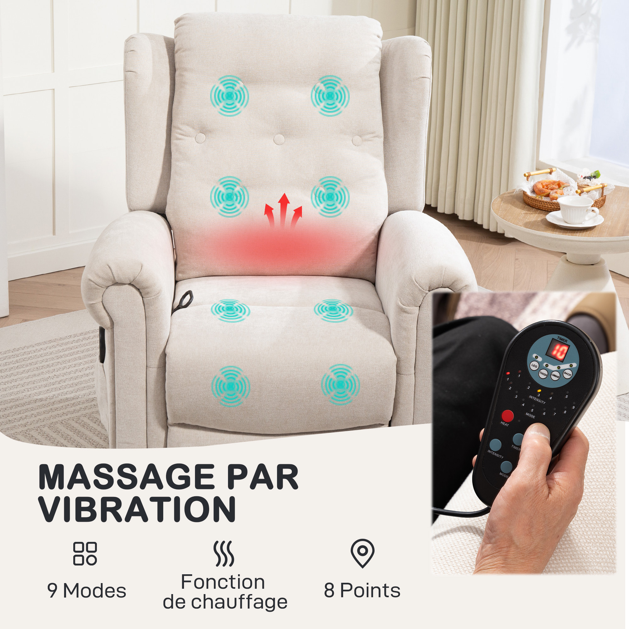 Fauteuil massant chauffant inclinable repose-pieds intégré poche rangement tissu toucher lin beige