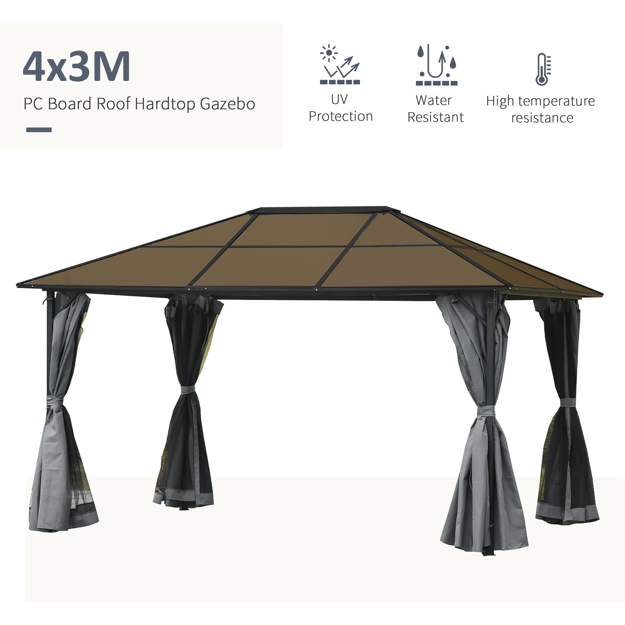 Pavillon de jardin tonnelle rigide dim. 4L x 3l x 2,65H m 4 parois latérales anti-UV gris 4 moustiquaires zippées alu. métal polycarbonate noir brun