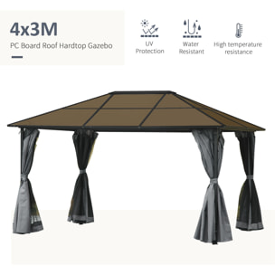 Pavillon de jardin tonnelle rigide dim. 4L x 3l x 2,65H m 4 parois latérales anti-UV gris 4 moustiquaires zippées alu. métal polycarbonate noir brun