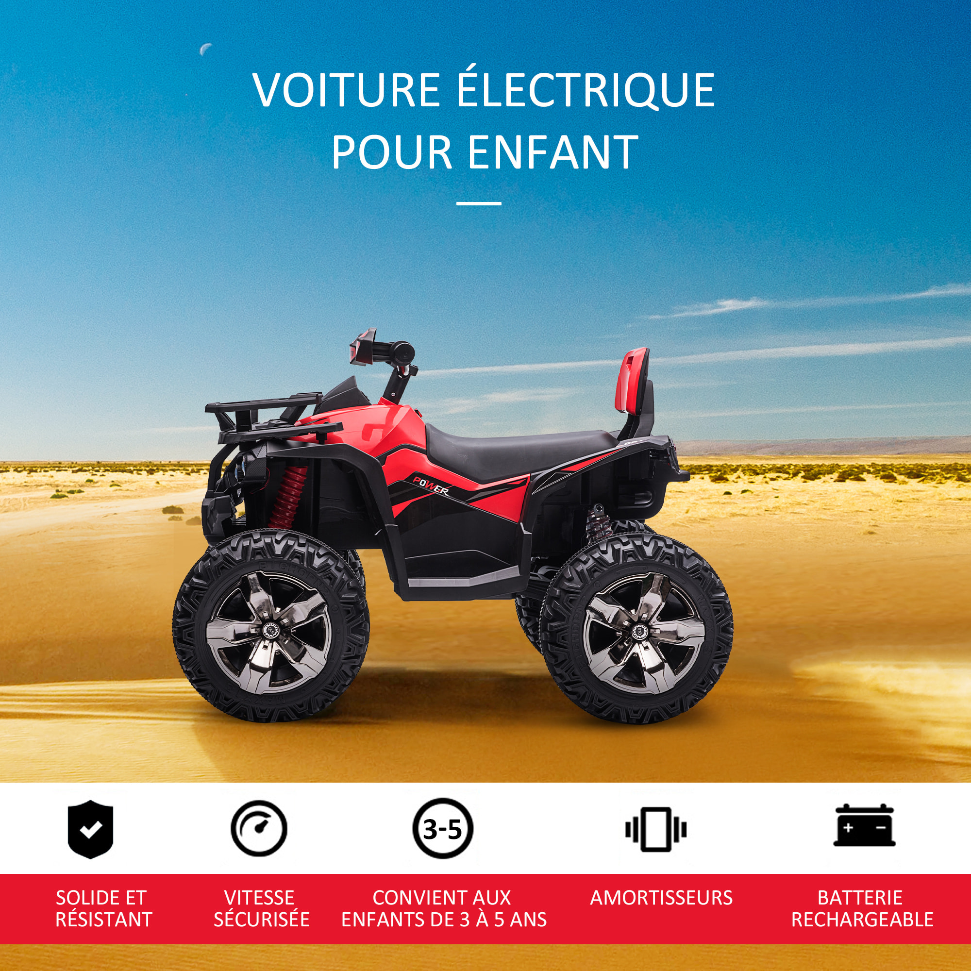 Voiture 4x4 quad buggy électrique enfant 12 V 5 Km/h max. effets lumineux sonores selle avec dossier porte-bagage avant métal PP rouge noir