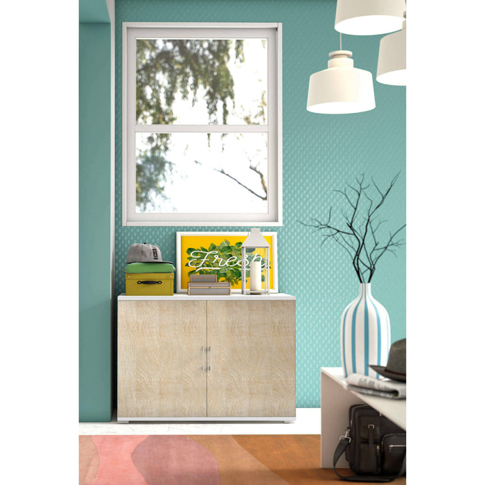 Armadio multiuso Serafinito, Mobile lineare a 2 Ante battenti con ripiano, Mobile da ingresso, Scarpiera moderna, 100% Made in Italy, 90x45h66 cm, Rovere e Bianco