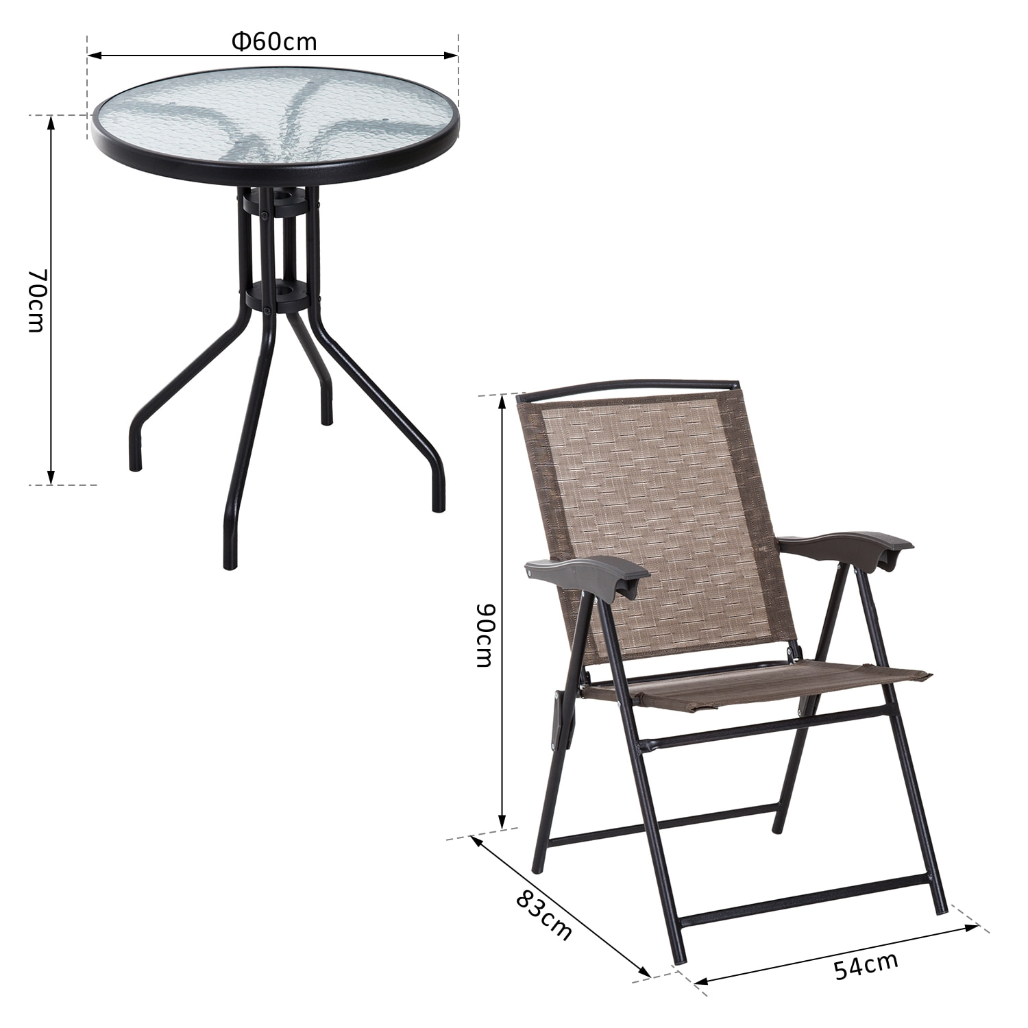 Ens. de jardin 3 pièces 2 chaises inclinables pliables + table ronde chocolat