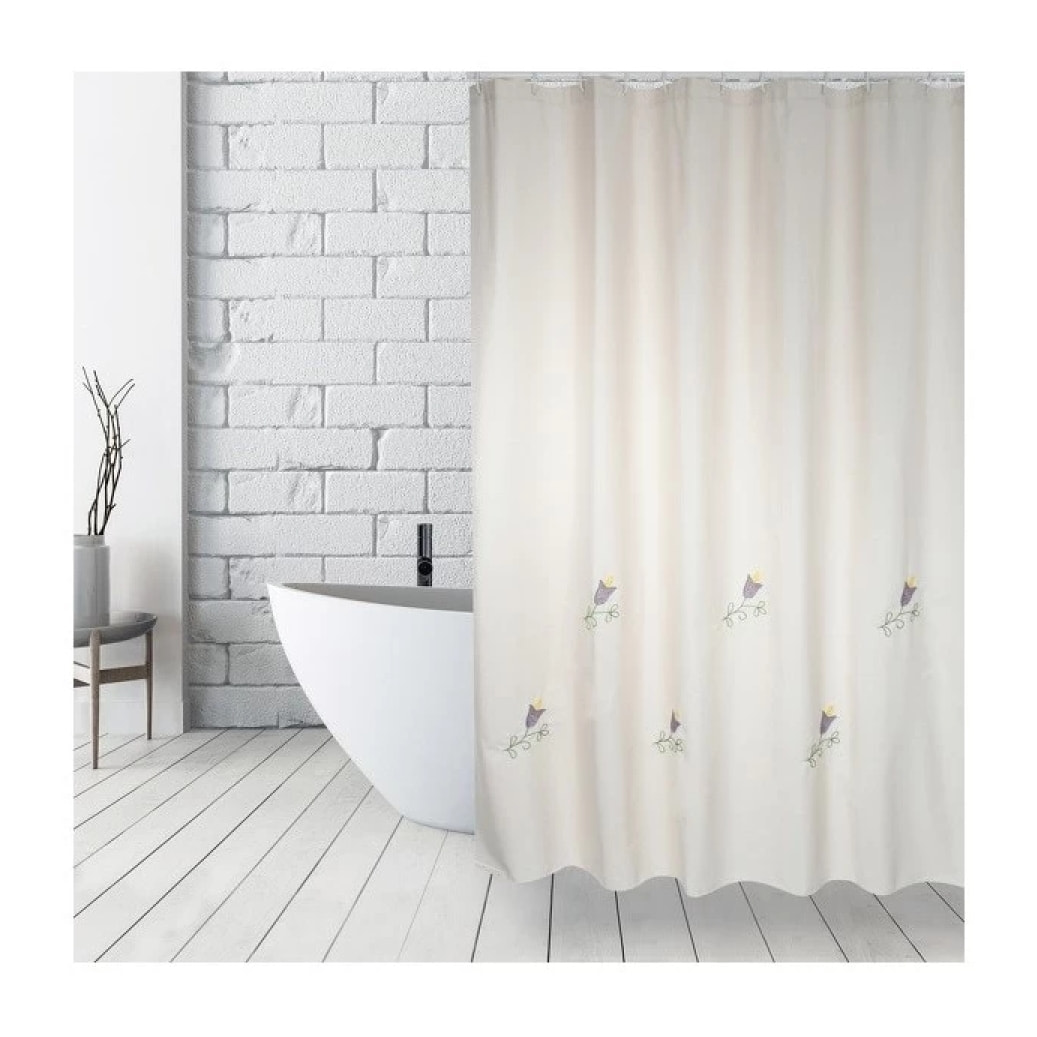 Rideau de douche Coton & Polyester TULIP 180x200cm QUALITE PREMIUM Beige - Anneaux inclus MSV