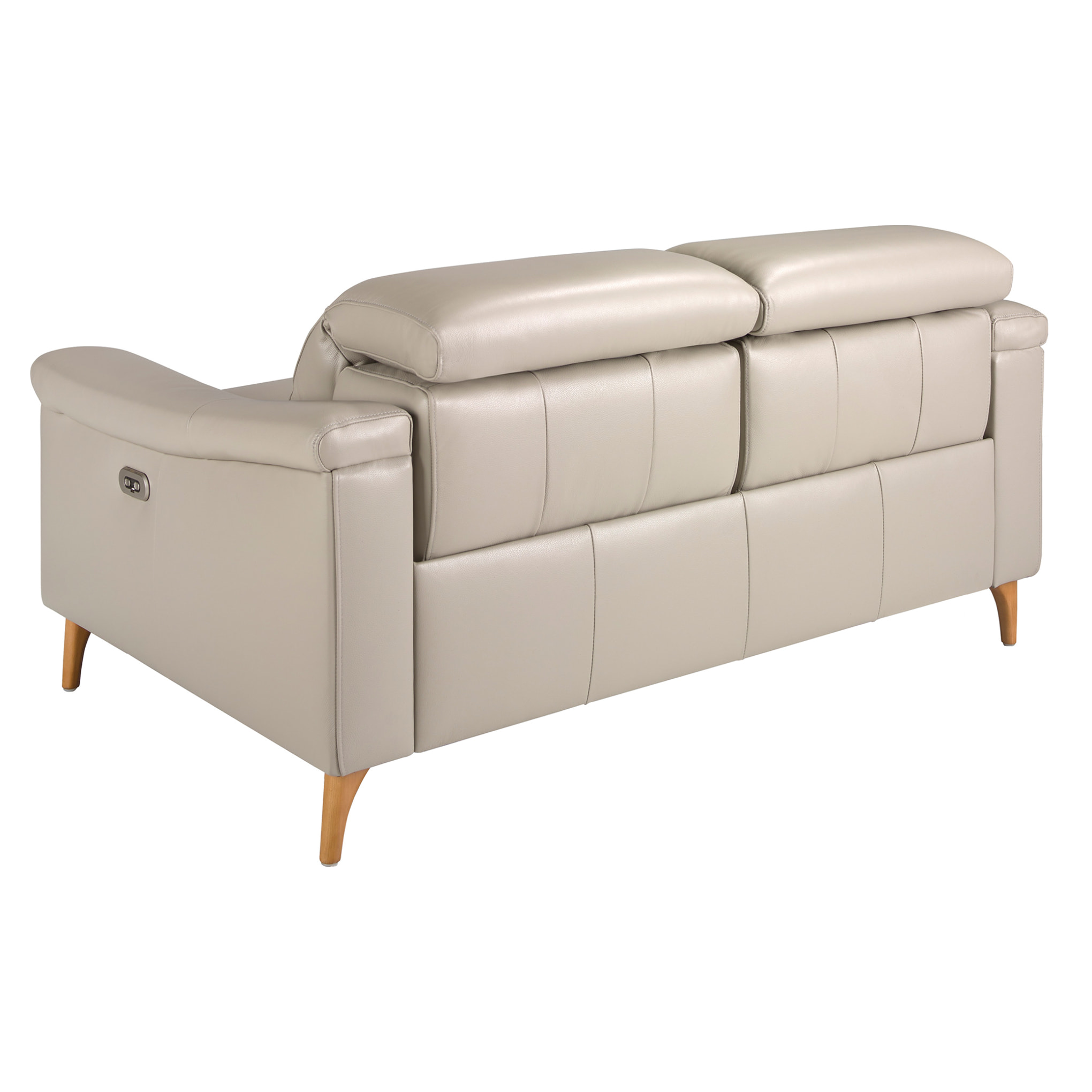 Sofá relax de 2 plazas tapizado en piel de origen vacuno en gris taupe con reposacabezas patas de madera en miel 2 sistemas de relax eléctrico 160x104x102cm