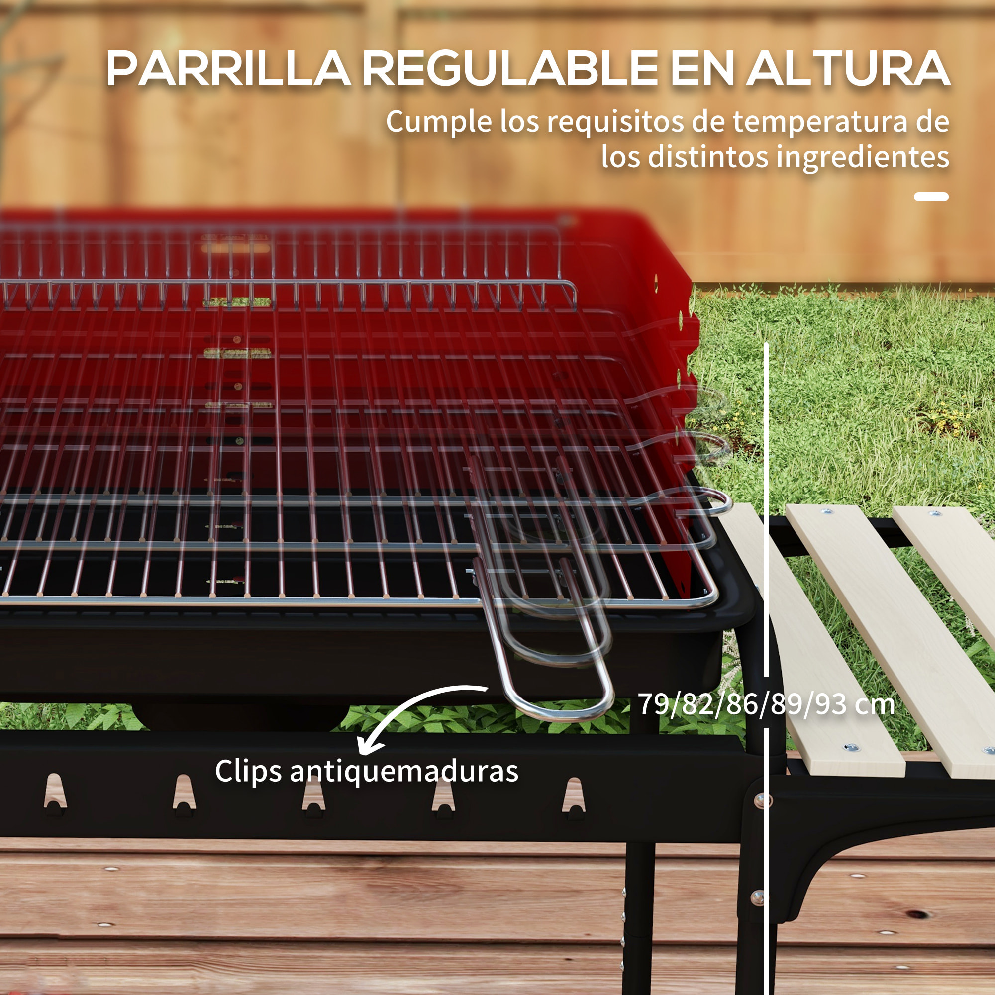 Barbacoa de Carbón con Ruedas Barbacoa Portátil con Parrilla Ajustable en Altura Estantes y 6 Ganchos para Picnic Camping 103x47x95 cm Rojo y Negro