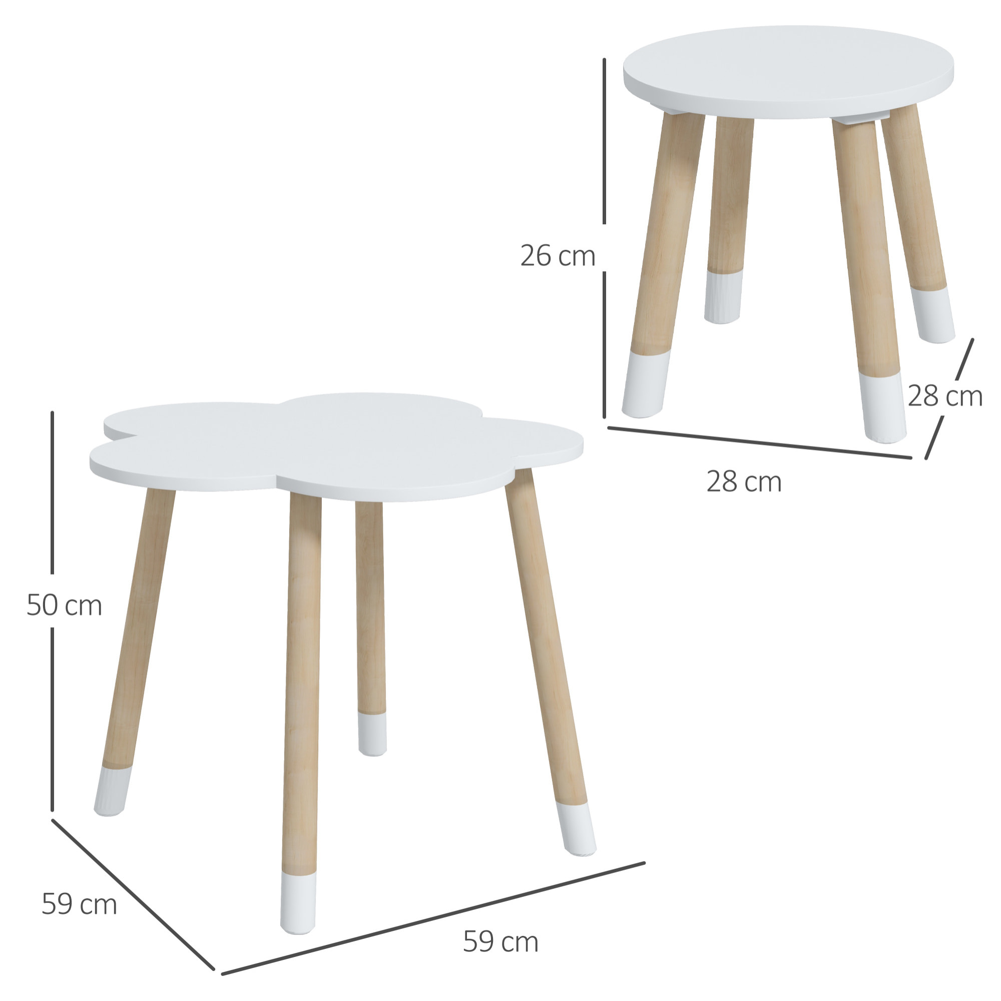 Juego de Mesa y 2 Sillas Infantiles Mesa con Sillas para Niños de 2-5 Años con Mesa en Forma de Flores Ø59x50 cm y Sillas Ø28x26 cm para Dormitorio Sala Blanco y Natural