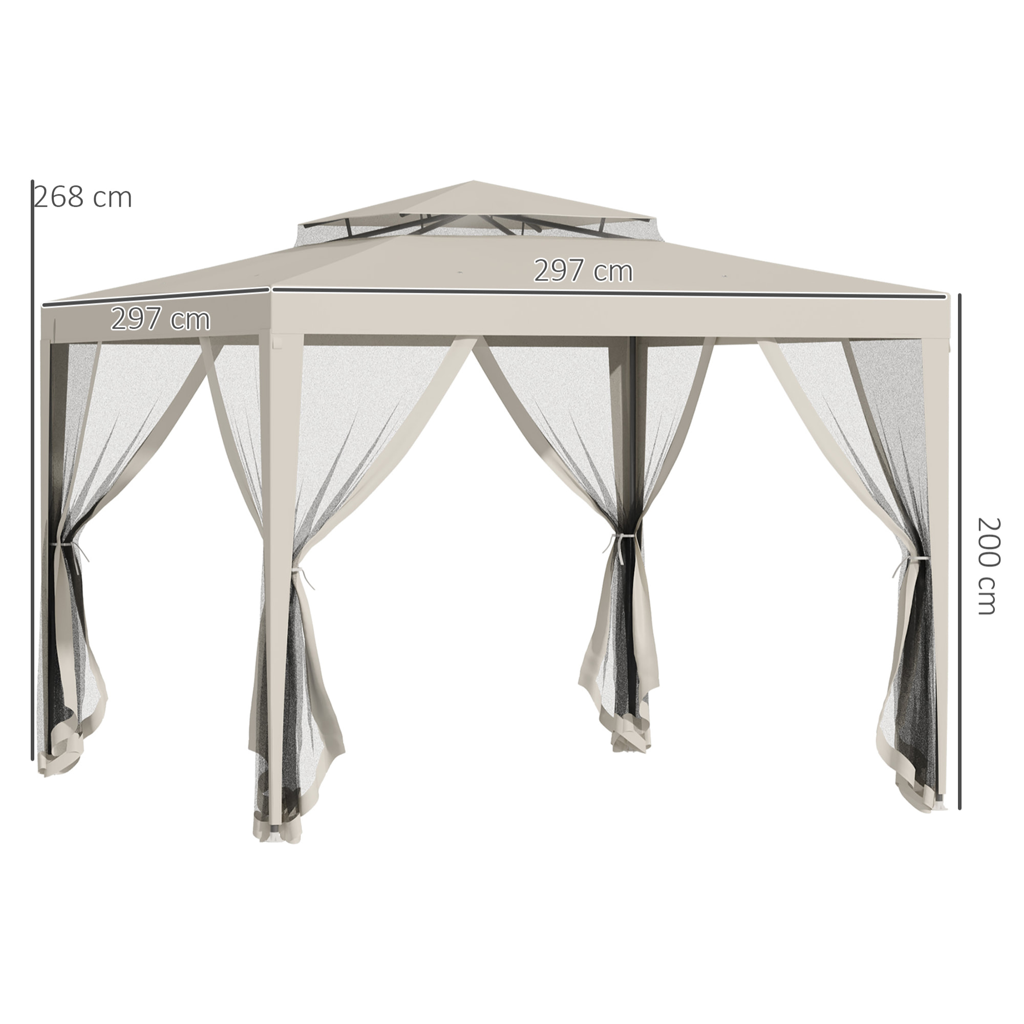 Carpa de Jardín 3x3 m Cenador Desmontable de Exterior Gazebo con 4 Mosquiteras Laterales Techo Doble y Marco Metálico Anti-UV Impermeable Pabellón para Terraza Patio Beige