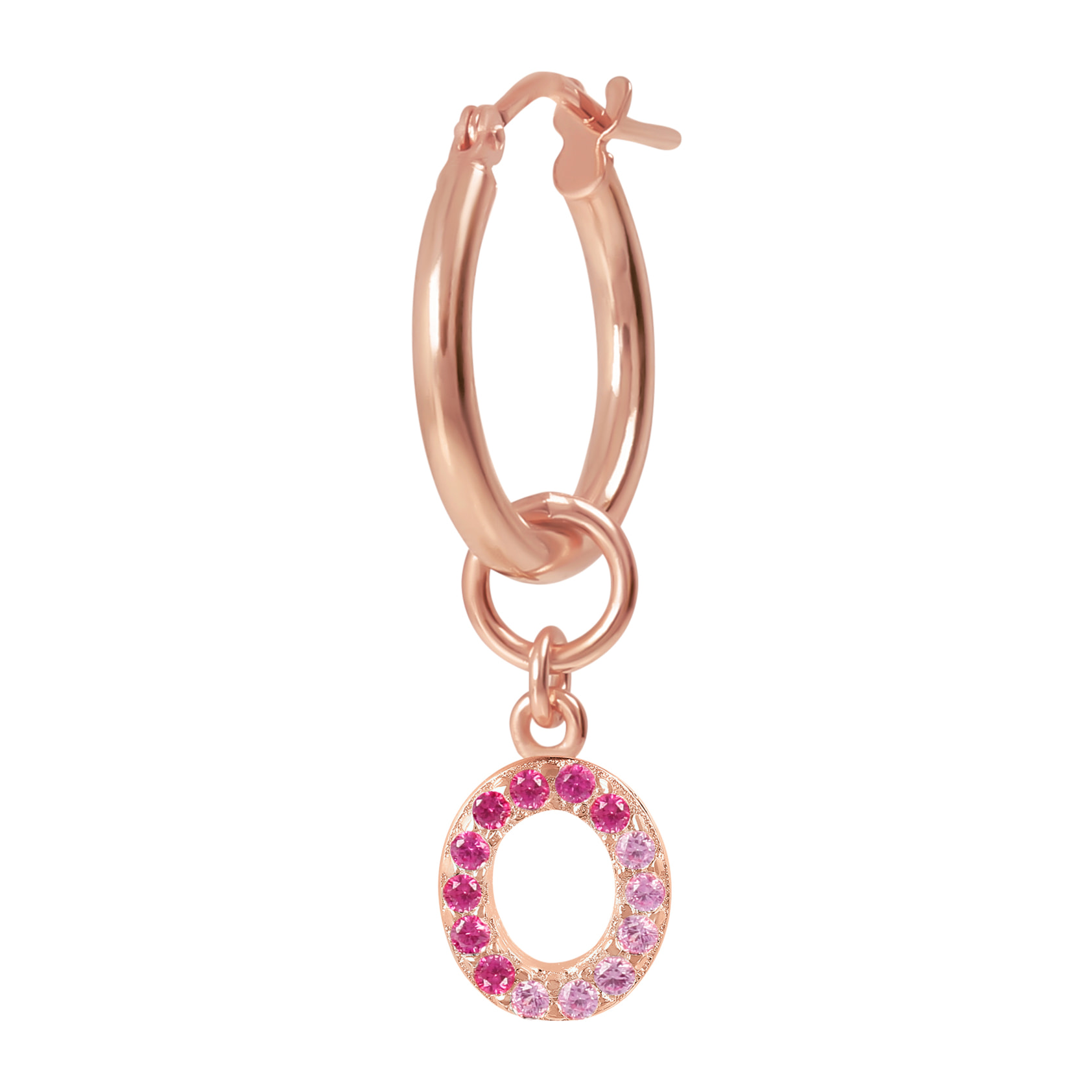 Orecchino a Cerchio con Ciondolo Lettera O in Pavé di Cubic Zirconia Rosa