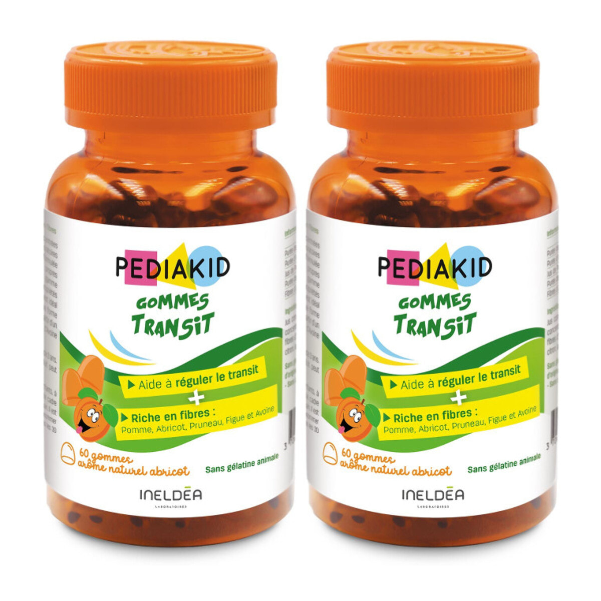 PEDIAKID - Gommes Transit - Complément alimentaire à base de fruits et d'Avoine - Riche en fibres - Aide à réguler le transit intestinal - Arôme naturel abricot - 60 gommes - Lot de 2