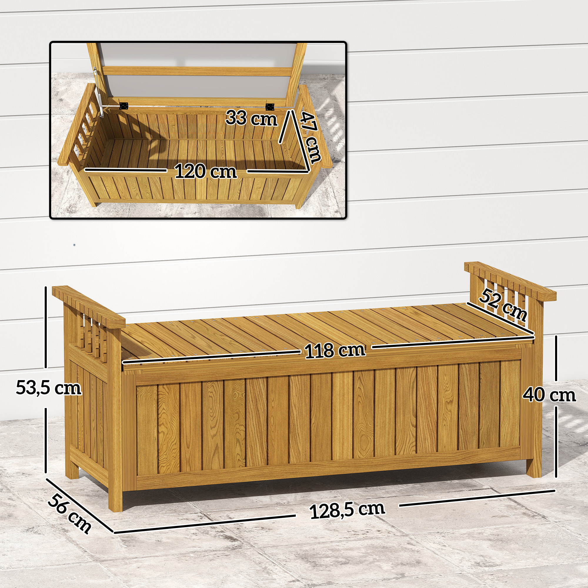 Banc de jardin avec coffre de rangement 186L - accoudoirs - dim. 128 x 56 x 53 cm - habillage PVC bois de sapin pré-huilé