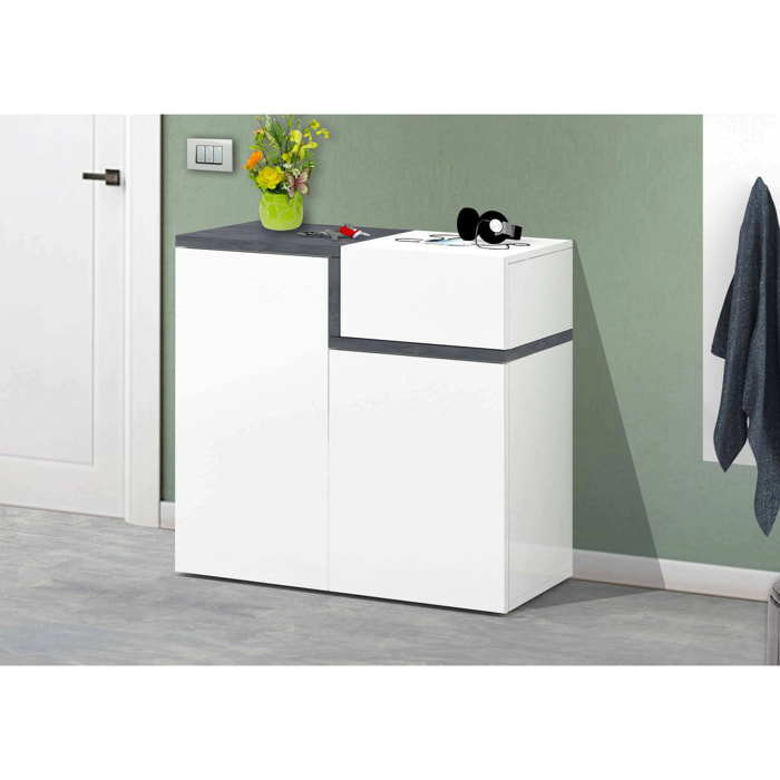 Scarpiera Morfeo, Mobile multiuso a 2 ante e 1 anta a ribalta, Portascarpe da ingresso, 100% Made in Italy, cm 80x40h80, Bianco lucido e Ardesia