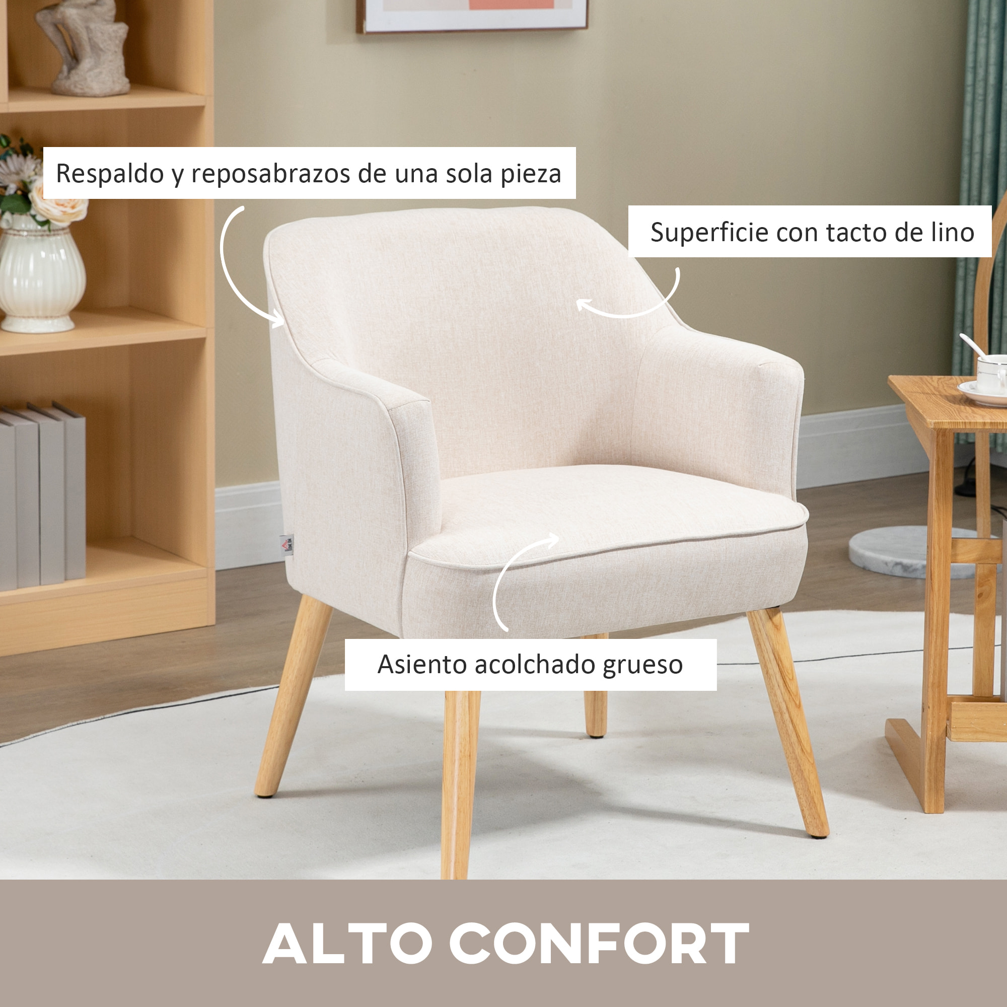 Sillón Nórdico Moderno Butaca de Salón Tapizada en Lino con Patas de Madera para Dormitorio Oficina Estudio Carga 120 kg 64,5x65x79,5 cm Crema