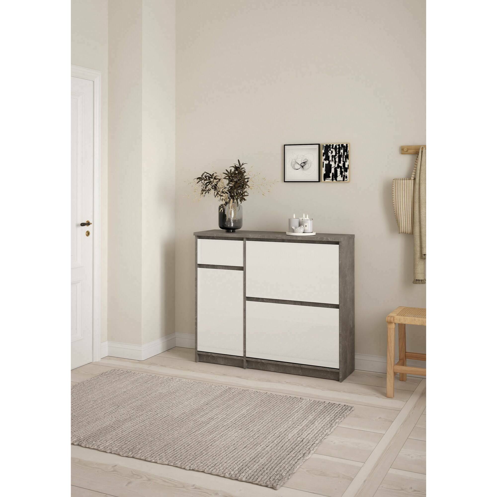 Scarpiera Todd, Mobile portascarpe, Armadio da ingresso multiuso, Mobiletto per calzature, 109x32 h93 cm, Cemento e Bianco lucido