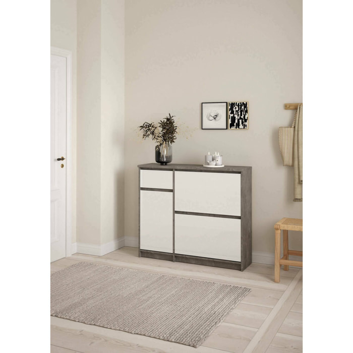 Scarpiera Todd, Mobile portascarpe, Armadio da ingresso multiuso, Mobiletto per calzature, 109x32 h93 cm, Cemento e Bianco lucido