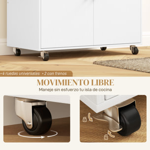 Isla de Cocina con Ala Abatible Carrito de Cocina Mueble Auxiliar de Cocina con Ruedas 2 Puertas Cajón Especiero Toallero y Estante Ajustable 106x42x87 cm Blanco y Roble