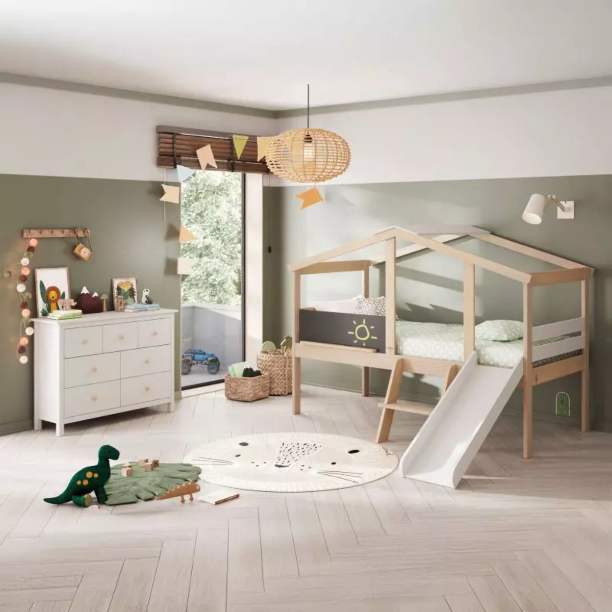 Cama cabaña con tobogán Rushi Blanco - Oak Soft