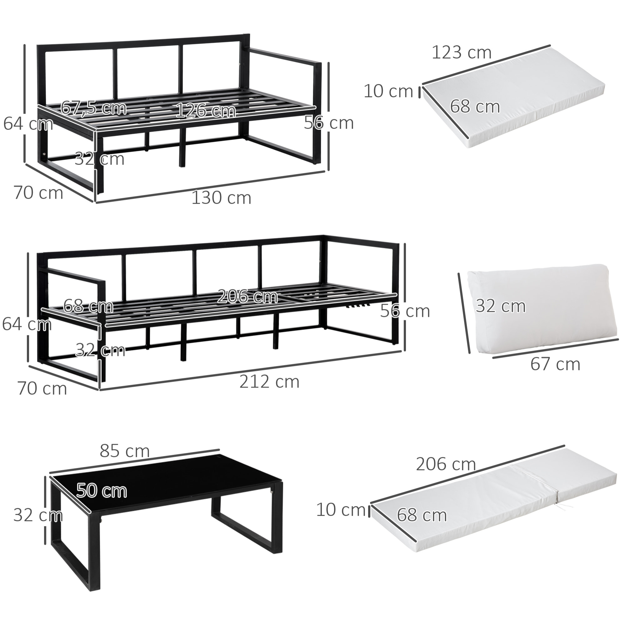 Conjunto de Muebles de Jardín 3 Piezas Mesa de Vidrio y Sofás 212x70x64 cm Negro