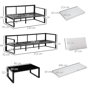 Conjunto de Muebles de Jardín 3 Piezas Mesa de Vidrio y Sofás 212x70x64 cm Negro