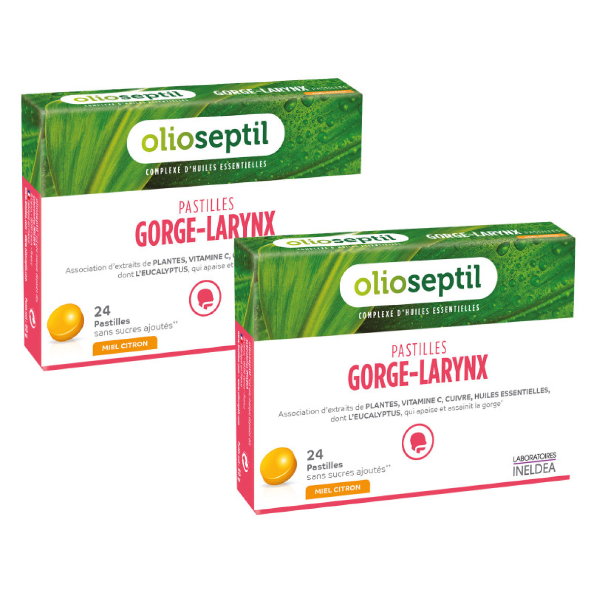 OLIOSEPTIL - Pastilles à Sucer Gorge-Larynx - Sans Sucres Ajoutés - Extraits de Plantes, Vitamine C, Cuivre et Huiles Essentielles - Apaise et Assainit la Gorge - Goût Miel Citron - Lot de 2