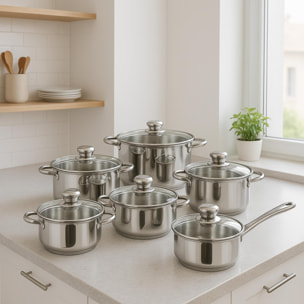 juego de batería de cocina de 12 piezas en acero inoxidable con bases de inducción y mangos ergonómicos