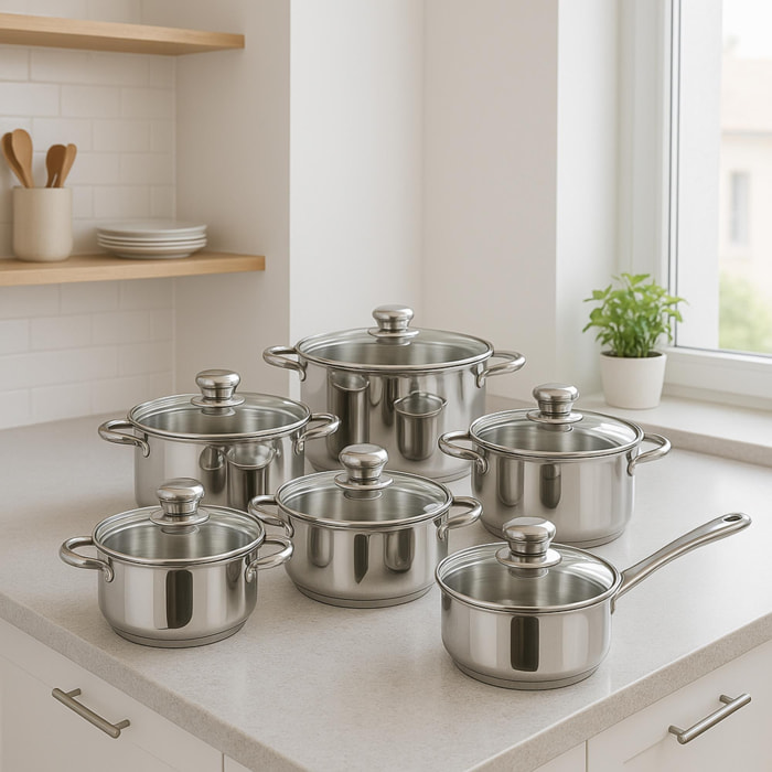 juego de batería de cocina de 12 piezas en acero inoxidable con bases de inducción y mangos ergonómicos