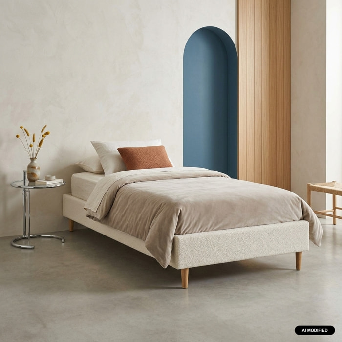 Lit avec sommier à lattes blanc finition bouclette MILTON