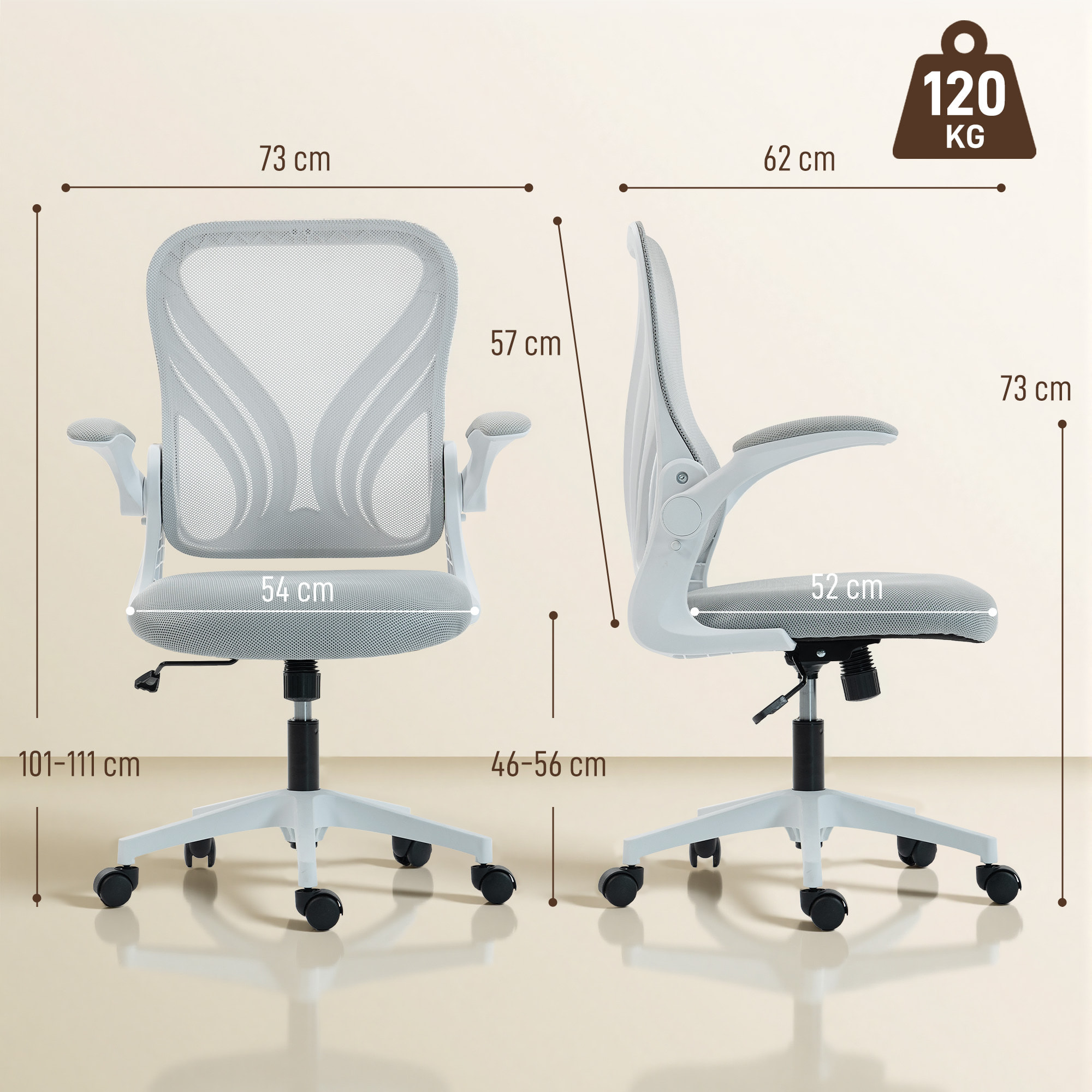 Chaise de bureau ergonomique accoudoirs relevables dossier rabattable gris clair