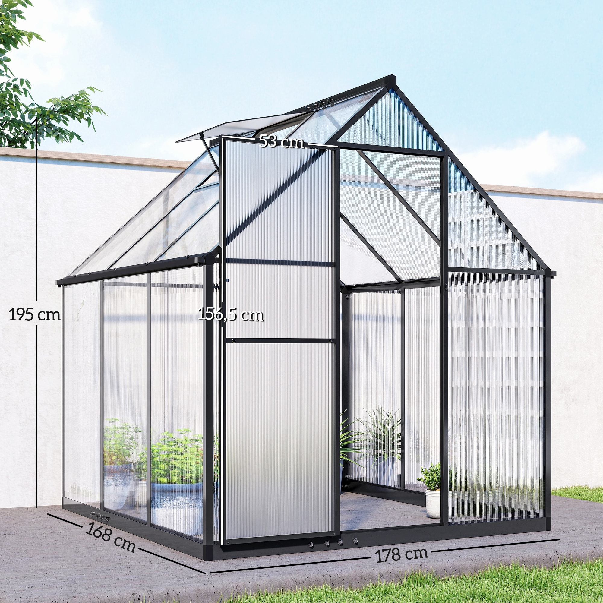 Serre de jardin alu polycarbonate - porte, lucarne - 1,78 x 1,68 x 1,95 m - noir