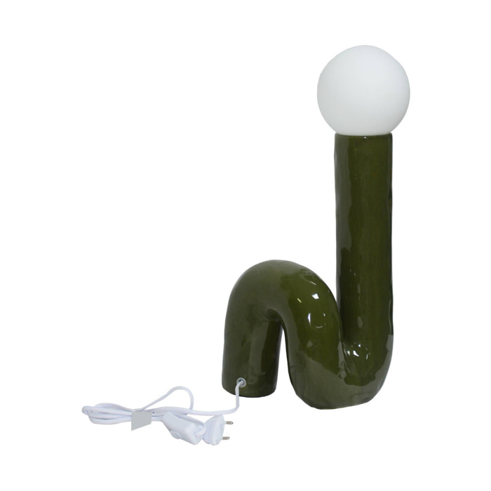Lampe de table organique céramique vernis kaki. globe en verre H 45cm - Elma