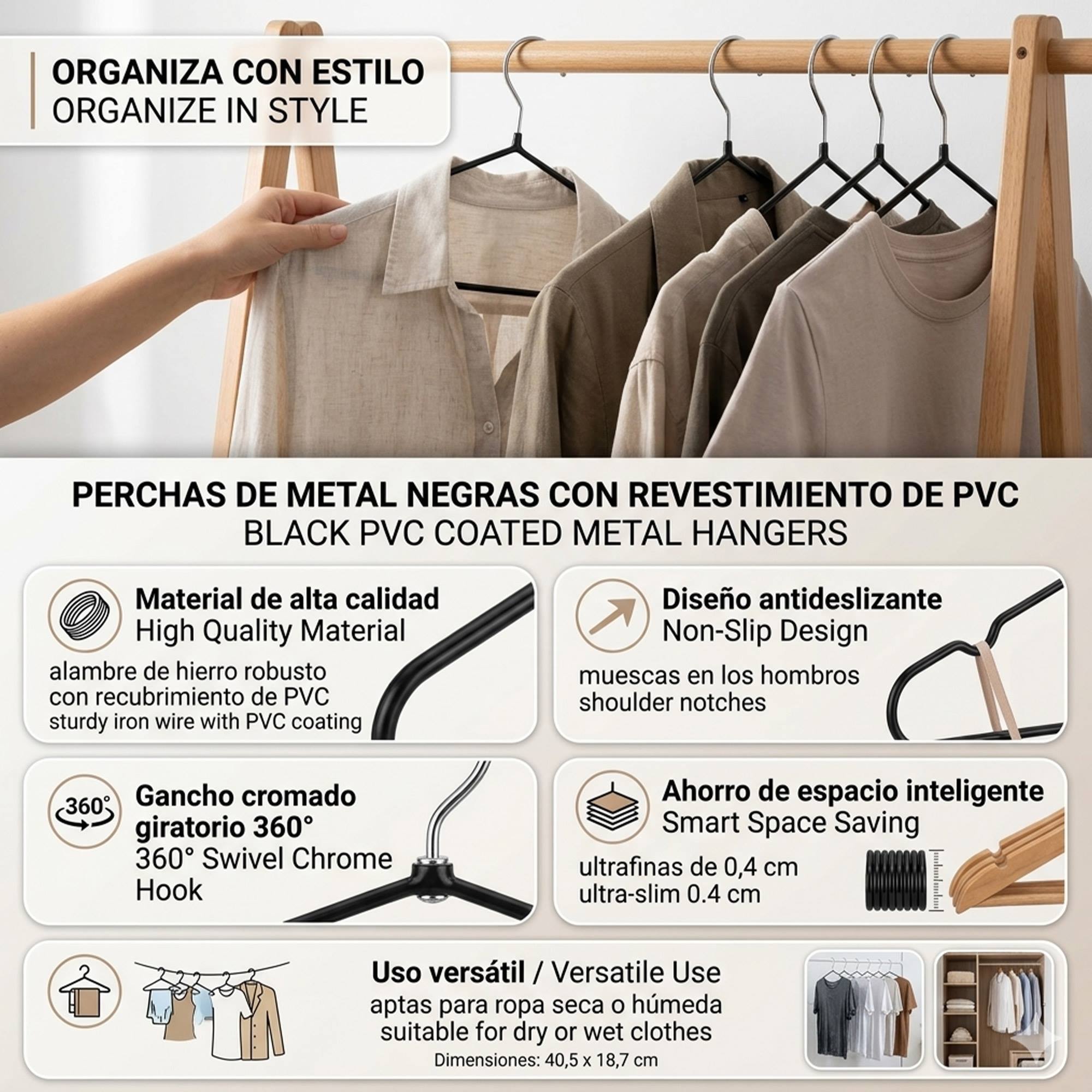 Set de perchas metálicas con revestimiento antideslizante, finas y con ganchos giratorios