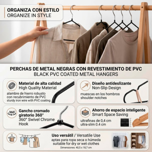 Set de perchas metálicas con revestimiento antideslizante, finas y con ganchos giratorios