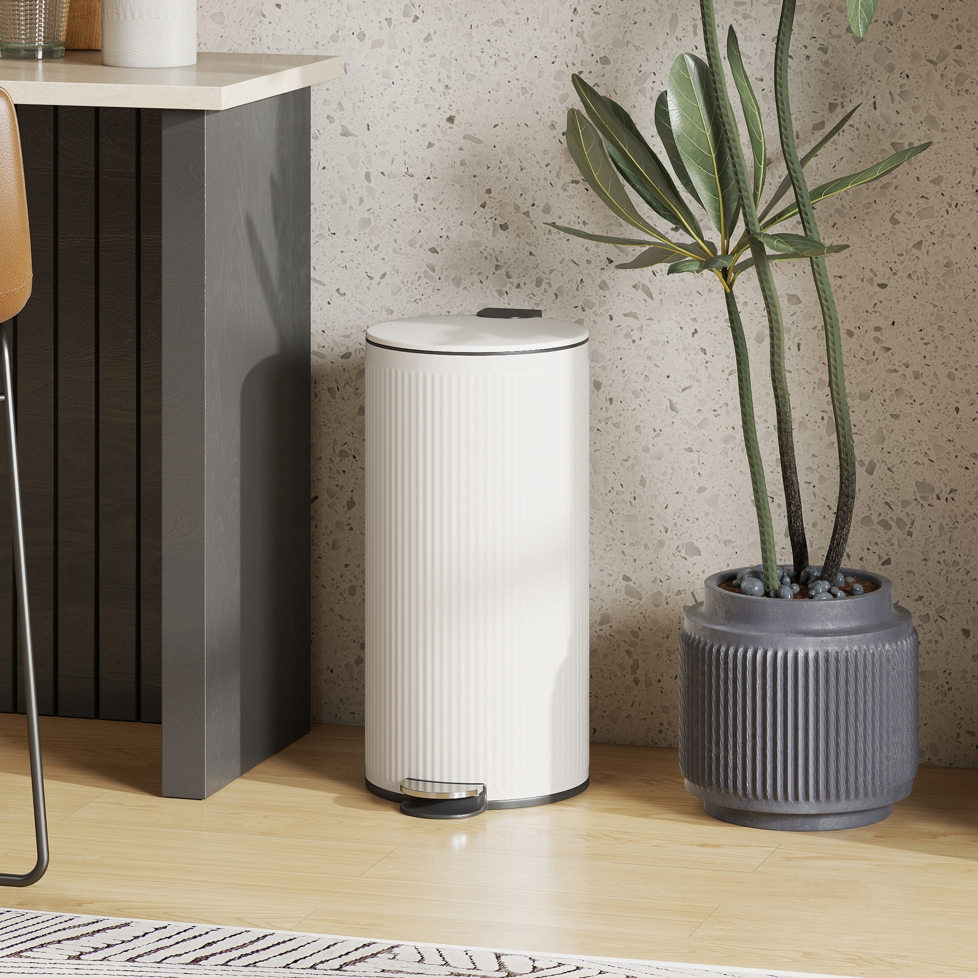 Cubo de Basura Cocina con Pedal, 30L, Papelera de Cocina Metálico con Tapa de Cierre Suave y Cubo Extraíble, para Dormitorio, Oficina, Estudio y Salón, 36x30x60,5 cm, Crema