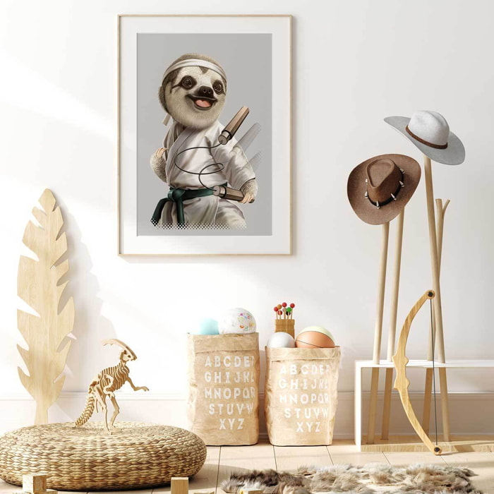 Affiche enfant karaté paresseux  Affiche + cadre en bois - Chêne