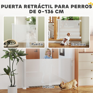 Barrera de Seguridad para Perros Retráctil 0-136 cm Puerta para Perros Pequeños Extensible con Interruptor de Cierre Red de Seguridad para Pasillos Escaleras Interiores y Exteriores