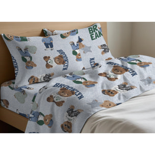 Completo Lenzuola 100% Cotone Made in Italy Fantasia Cameretta Bimbi Disegno Teddy Azzurro