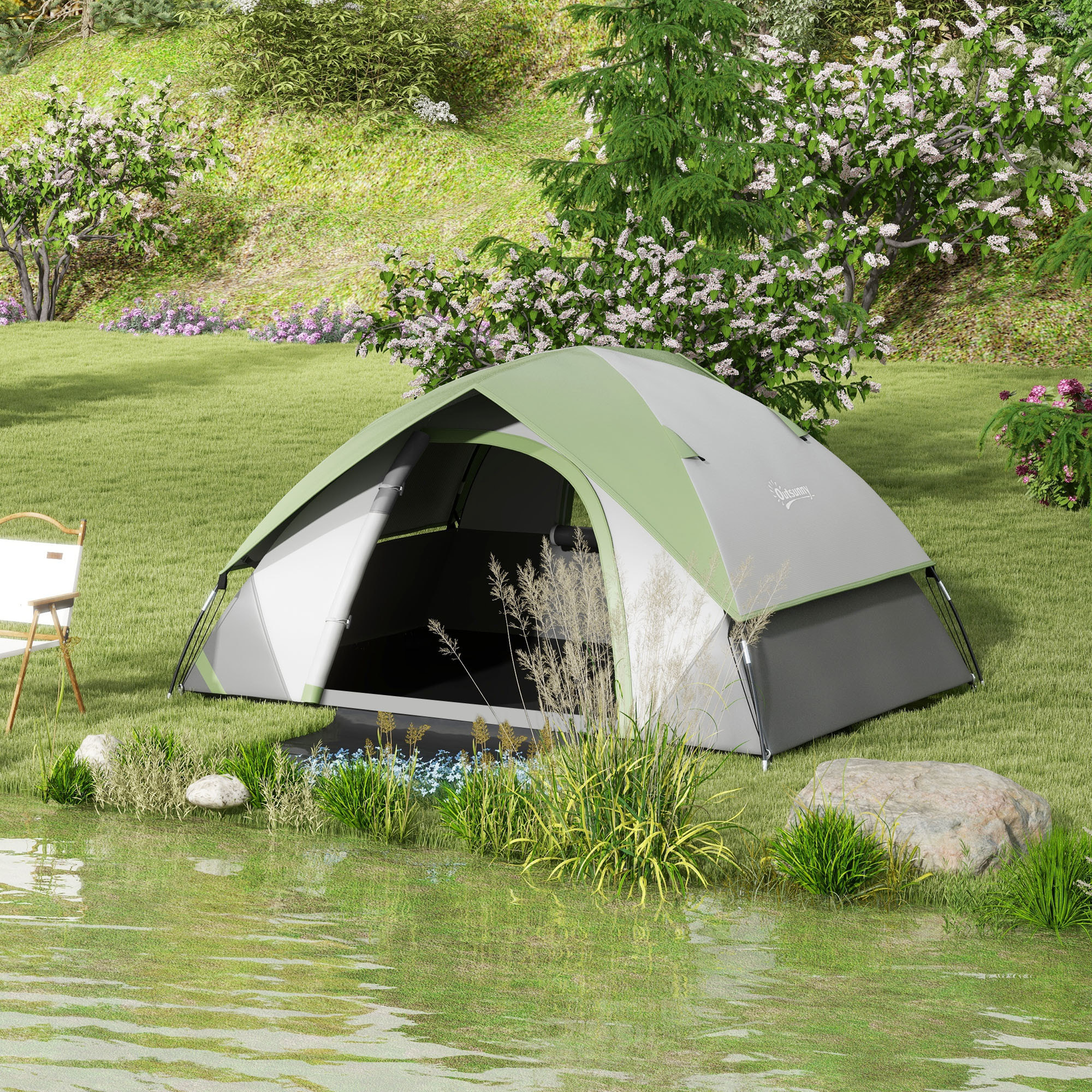 Tente de camping 2 personnes dôme étanchéité 3000 mm tapis de sol sac transport vert gris