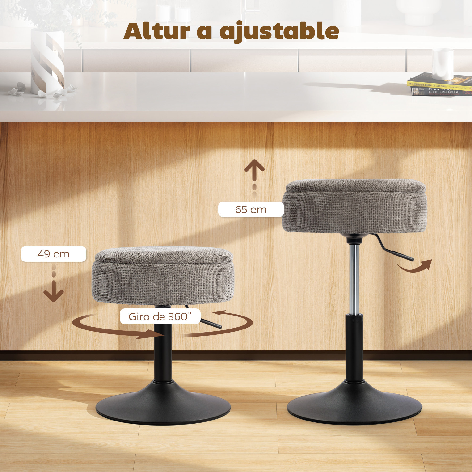 Taburete de Bar con Almacenaje, Altura Ajustable, Taburete de Cocina Redondo, Giratorio, Tapizado en Chenilla, Base de Acero, Diseño Botones, Acolchado, para Salón, Comedor, Oficina, Gris