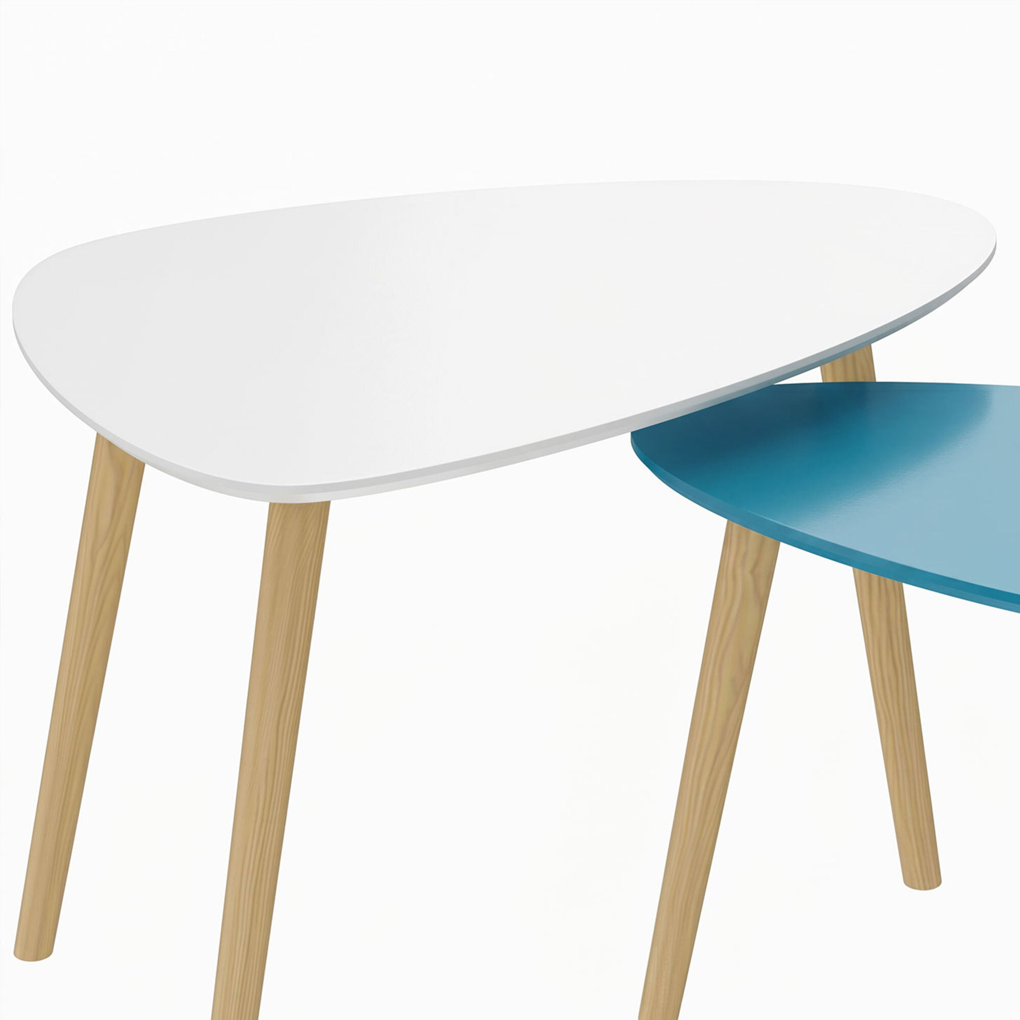 Lot de 2 tables basses gigognes design scandinave forme triangle de reuleaux bois MDF bleu blanc