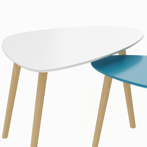 Lot de 2 tables basses gigognes design scandinave forme triangle de reuleaux bois MDF bleu blanc