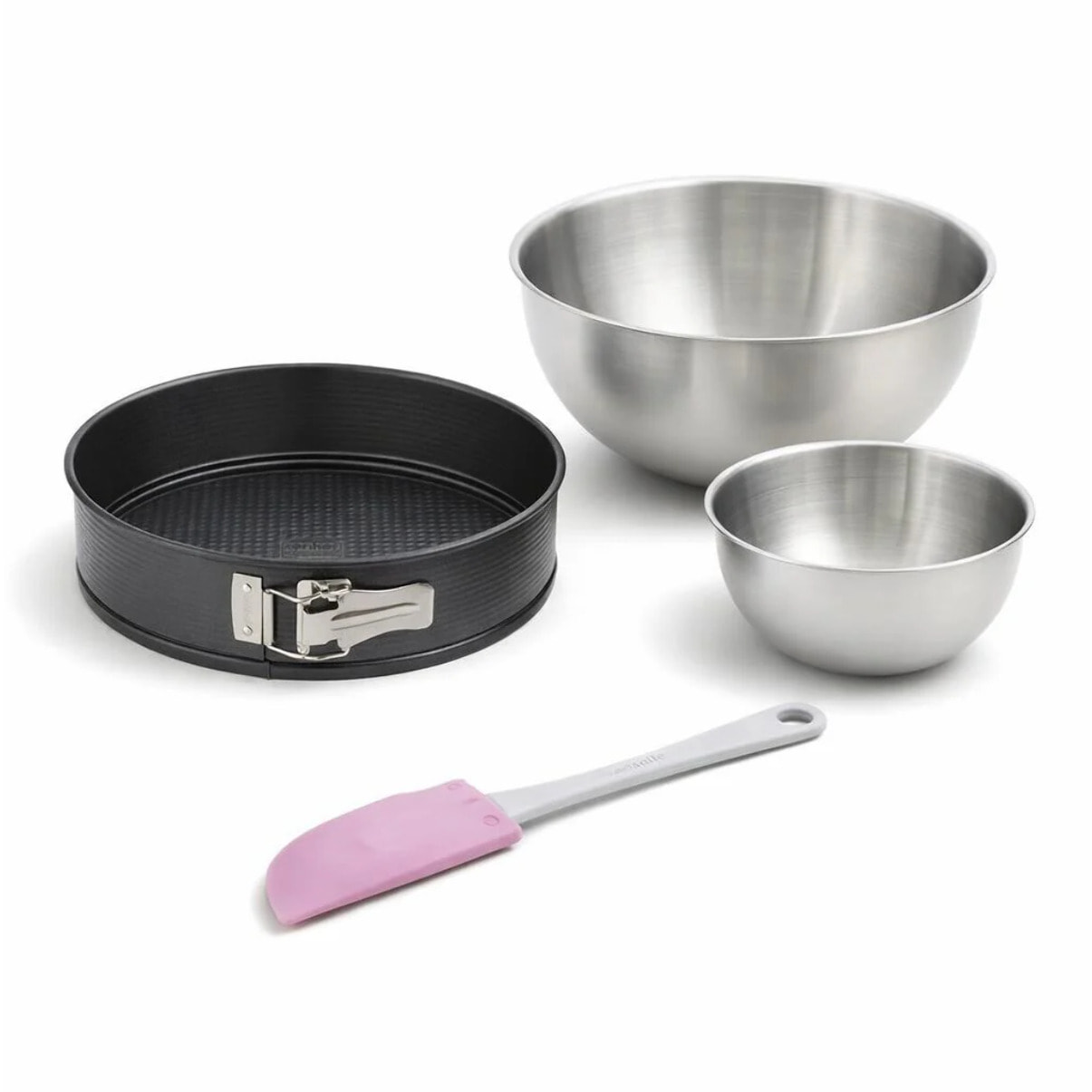 Ensemble comprenant 1 Moule à manqué 26 cm, 1 spatule Zenker et 2 bols à mixer en inox Fackelmann