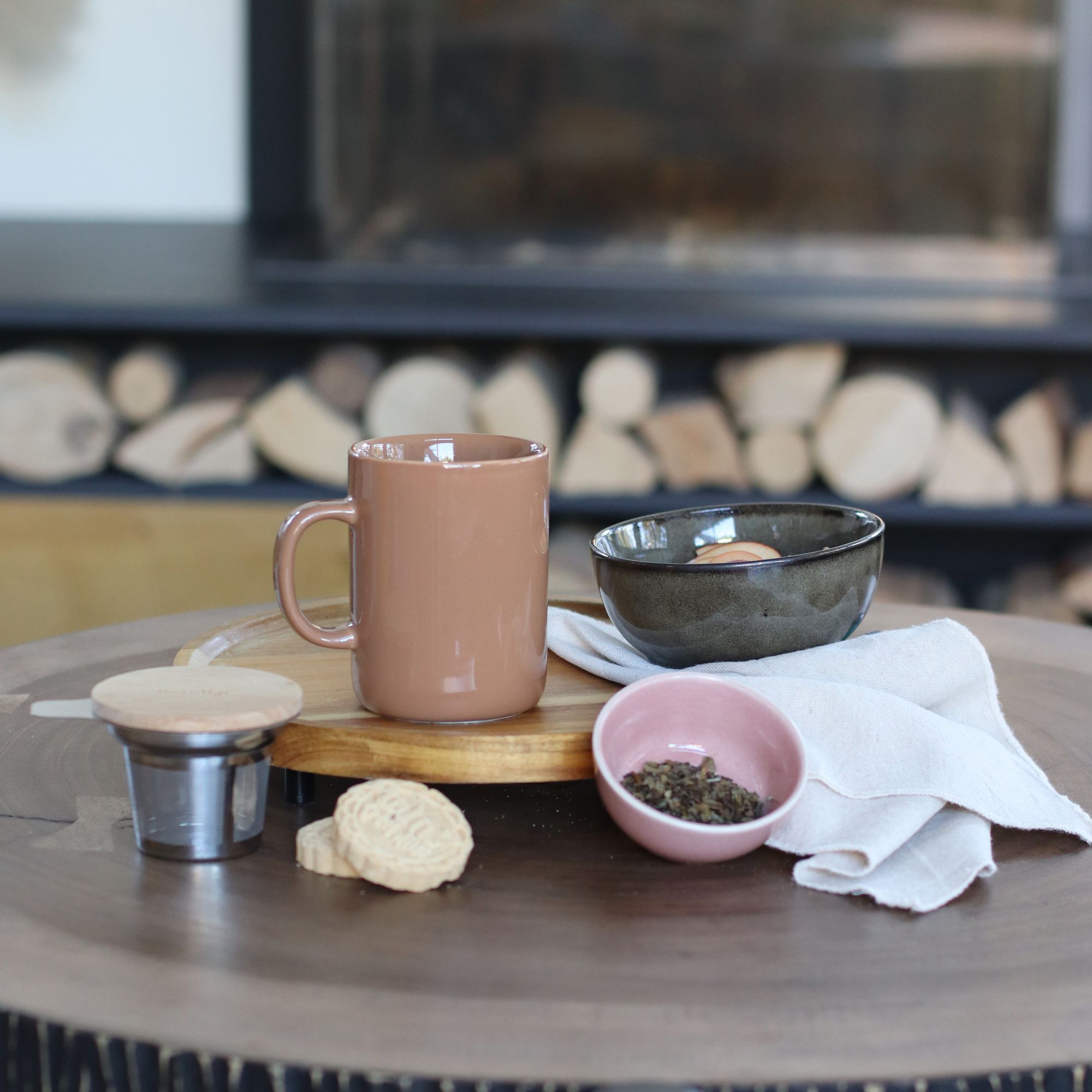 Tisanière en grès noisette avec couvercle en bois 350ml ANNA