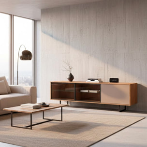 Porta TV 3 Ante Con 2 LED Inclusi 2 Ante Vetro Fumè Mobile TV Moderno Con Ripiani Interni Piedi In Ferro Nero 185 x 60 x 40  Cm Rovere E Grigio Caldo