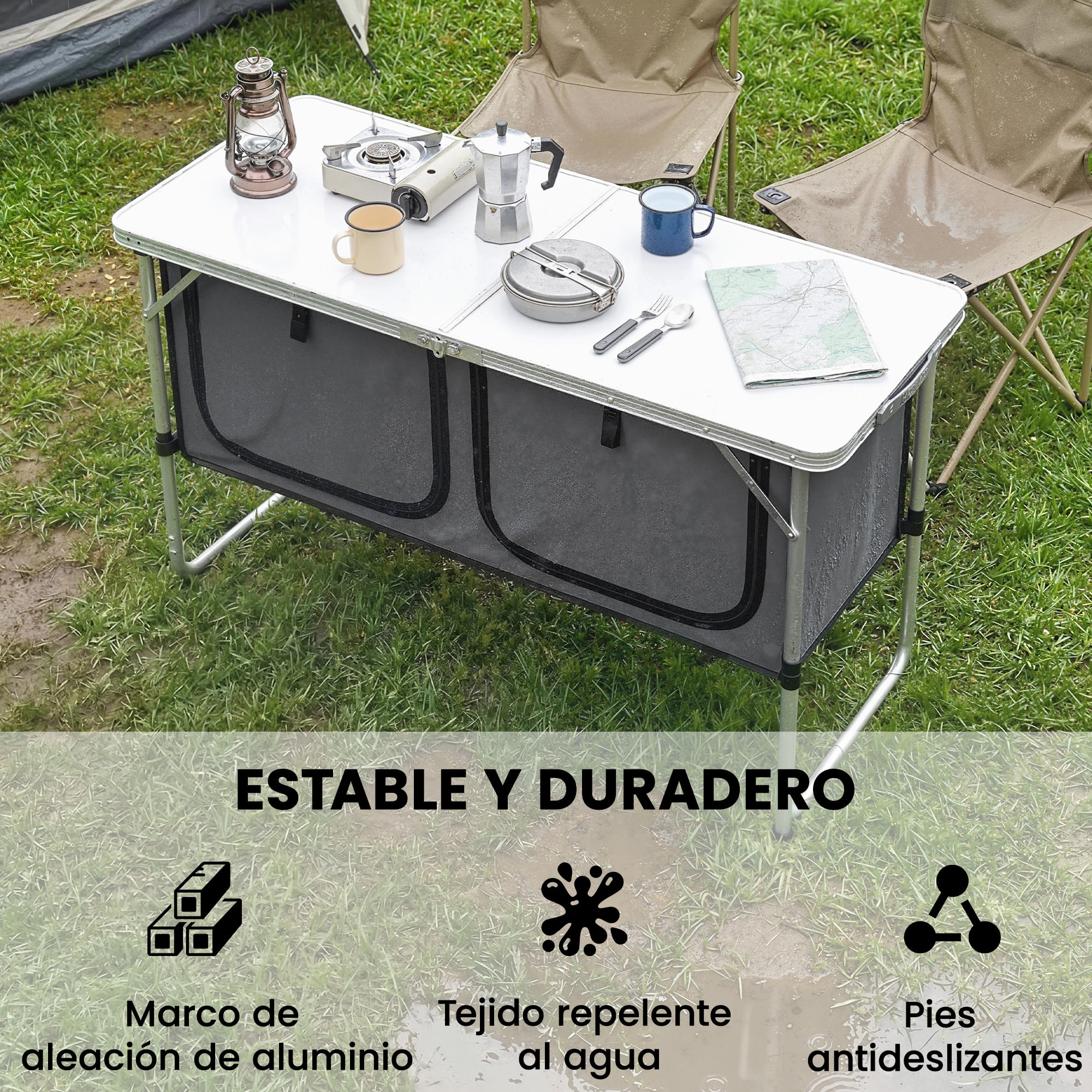 Mesa de Cocina de Camping Plegable, Mueble de Cocina de Camping Portátil con Armario de Tela Oxford, Marco de Aluminio, para Picnic, BBQ y Actividades al Aire Libre, 120x47x70 cm, Plateado