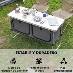 Mesa de Cocina de Camping Plegable, Mueble de Cocina de Camping Portátil con Armario de Tela Oxford, Marco de Aluminio, para Picnic, BBQ y Actividades al Aire Libre, 120x47x70 cm, Plateado