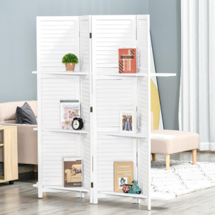 Biombo Separador de Madera de 4 Paneles Divisor de Habitaciones Plegable con 3 Estantes Extraíbles Diseño Persiana para Dormitorio Oficina 160x170 cm Blanco