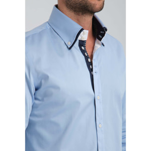 Camicia Uomo 2 Bottoni Button Down 7bottoni Doppio Coll Satin Unito Celeste